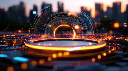 high resolution 3D visualization of futuristic circular interface with glowing elements, set against city skyline at sunset, evokes sense of advanced technology and innovation