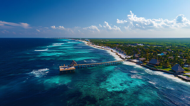 Drone photo costa maya pier, mahahual, mexico - caribbean panorama. Tropical Haven. Illustration