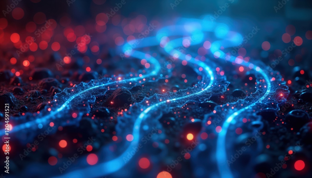 Leinwandbilder futuristic glowing data transfer concept. abstract lines of blue, red light flow across textured dar