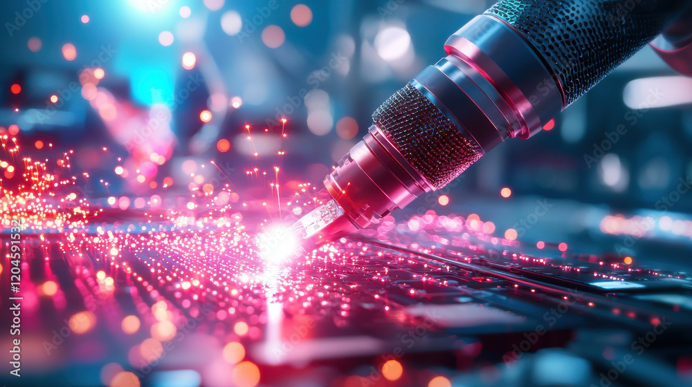 Fototapete high resolution image of robotic arm performing precision welding, creating sparks and bright lights