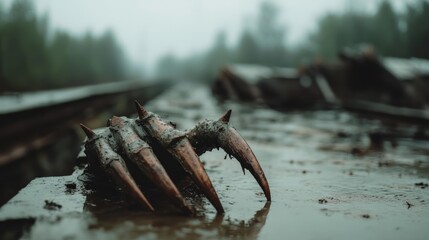 Rusted, menacing claws rest ominously on abandoned train tracks, creating a haunting and mysterious scene under a cloudy, muted sky.