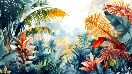 Lush tropical plant haven in beautiful watercolor landscape. Tropical Haven. Illustration