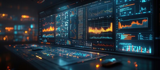 Futuristic digital dashboard displays data analytics charts and graphs on large screen.