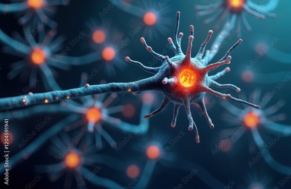 Poster Microscopic view of nerve cells in neural network. Close-up illustration of glowing neuron cell with connected nerves. Neurology research displays signal transfer within brain. Bio illustration