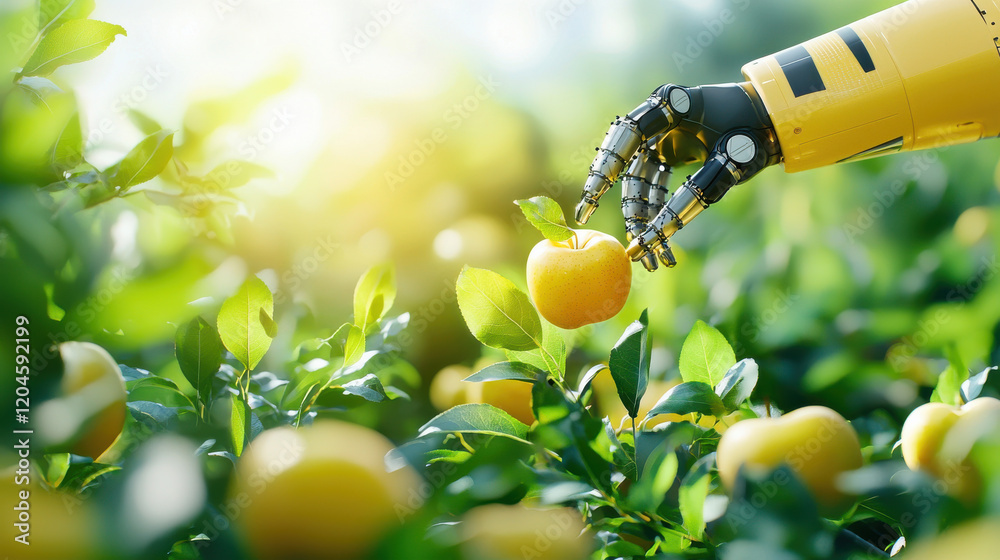 Poster robotic arm gently picking apple from tree in lush orchard, showcasing advanced technology in agricu
