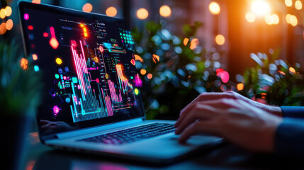person using laptop with colorful data visualizations on screen, surrounded by plants and warm lights, creating modern and tech savvy atmosphere