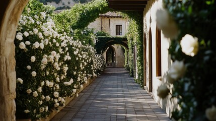 Fototapeta premium A picturesque alley lined with lush, blooming white flowers, under arches leading towards a distant, inviting doorway.