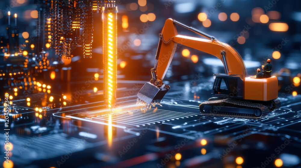 Poster high resolution image of robotic excavator working circuit board, showcasing advanced technology and innovation engineering. scene is illuminated with vibrant lights, creating futuristic