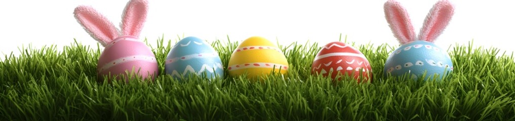 Fototapeta premium Easter Eggs Nestled In Green Grass With Bunny Ears