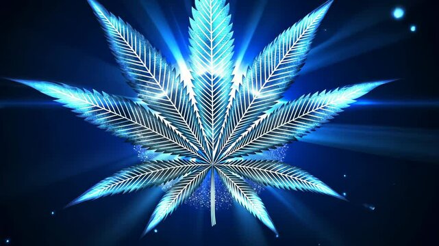 Vibrant blue cannabis leaf illuminated with a cosmic background highlighting its intricate details at night