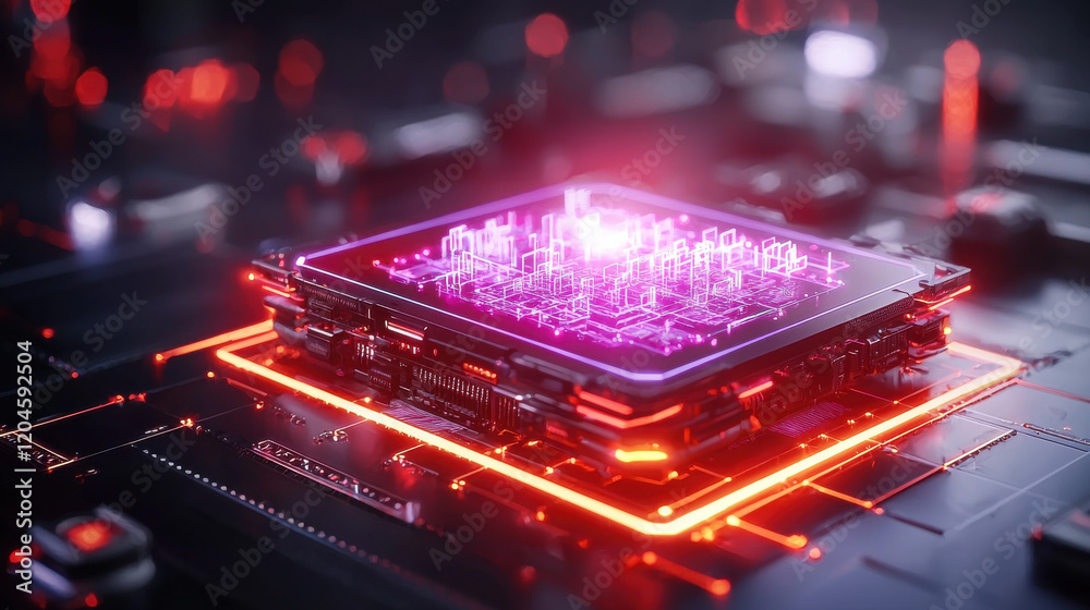 Aufkleber high resolution 3D render of futuristic microchip with glowing circuits and vibrant colors, showcasing advanced technology and innovation