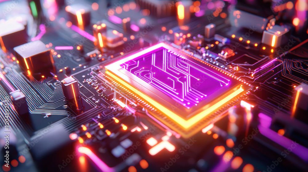 Poster Futuristic circuit board with glowing microchip and neon lights, showcasing advanced technology and intricate design. vibrant colors create dynamic atmosphere