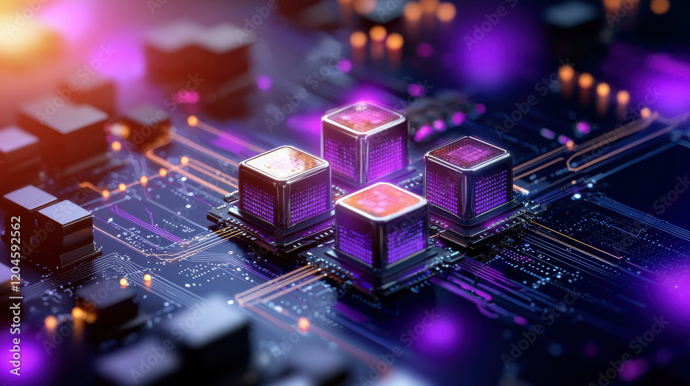Aufkleber high resolution depiction of futuristic circuit board with glowing processors, showcasing advanced t