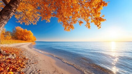 Autumnal lakeside scene golden leaves, tranquil water, sunrise. Perfect for travel brochures