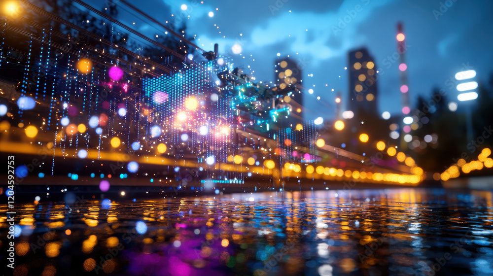 Poster vibrant cityscape at night with colorful lights reflecting on wet surfaces, creating dynamic atmosph