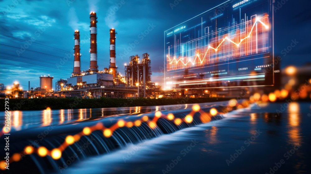 Poster High resolution image of hydroelectric power station with data visualization. scene captures industrial structures, water flow, and energy production, conveying innovation and technology