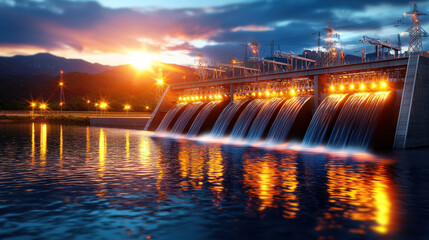 hydroelectric power station at sunset, showcasing flowing water and illuminated structures. scene reflects energy production and natural beauty