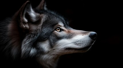 Obraz premium A wolf gazes intently into the distance, its fur illuminated subtly against a dark background, exuding a sense of mystery and wildness.