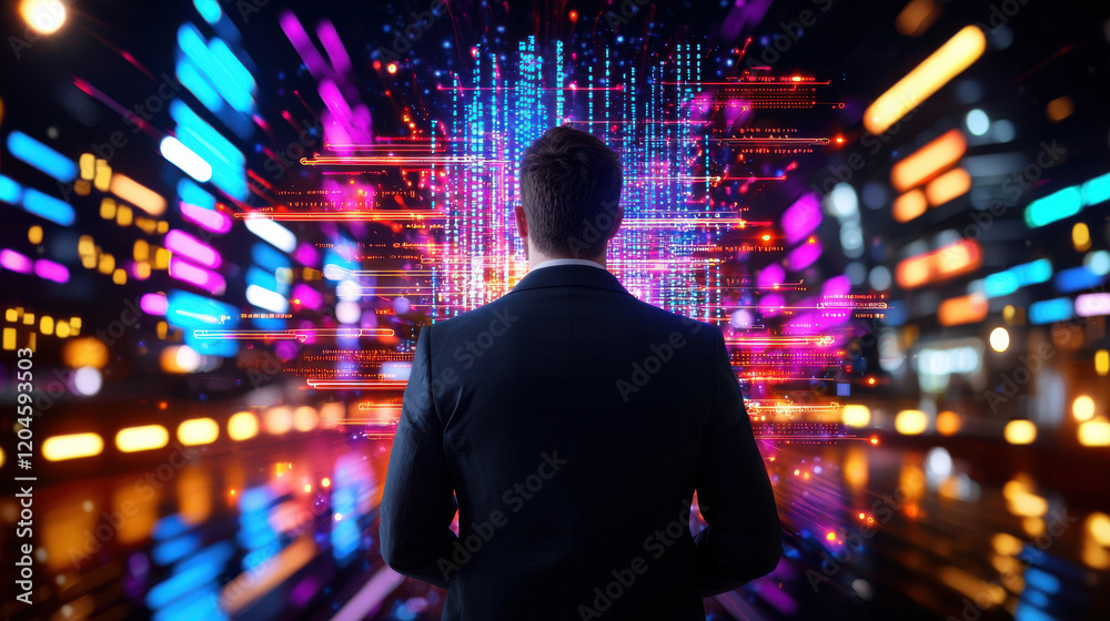 Fototapete man in suit stands in front of vibrant digital landscape filled with colorful data streams and lights, symbolizing technology and innovation