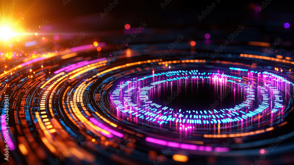 Fototapete Vibrant digital abstract design with circular patterns and glowing lights, showcasing blend of colors and technology. image evokes sense of innovation and creativity