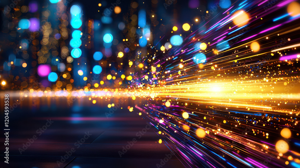 Poster Vibrant light trails create dynamic visual effect, showcasing colorful bokeh and glowing particles in futuristic setting. scene evokes energy and excitement