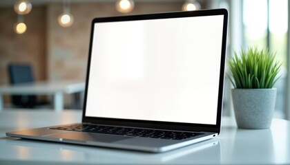 Modern laptop computer with blank screen on white desk in open space office. Empty display ready for design content. Modern tech device in trendy office setting. Potential use in marketing business