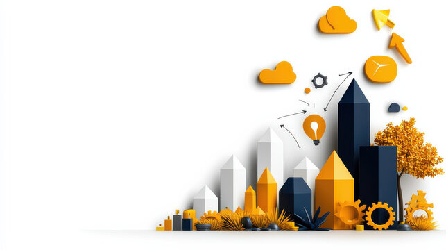 High resolution illustration of cloud technology with buildings, gears, and icons. This vibrant design represents innovation, growth, and digital transformation