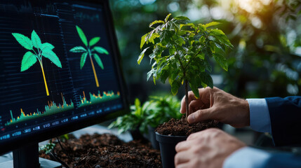 person planting small tree while analyzing growth data on computer screen. scene combines nature and technology, highlighting environmental sustainability
