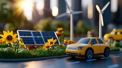 vibrant scene showcasing yellow toy car on road surrounded by solar panels, wind turbines, and blooming flowers, symbolizing sustainable energy and eco friendly transportation