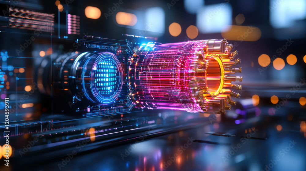 Poster high resolution image of digital twin simulation showcasing vibrant, futuristic technology with glowing elements and intricate details. scene conveys innovation and advanced engineering
