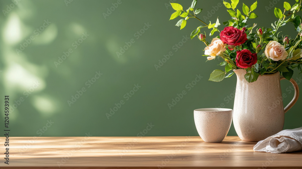 Poster beautiful arrangement of roses in vase on wooden table, with soft green background creating serene a