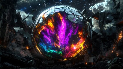 Cosmic Fire Orb Destruction, Fractured Planet with Vibrant Nebula