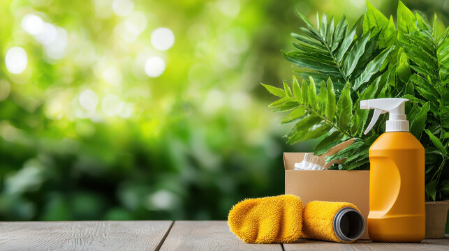 Eco friendly cleaning kit with spray bottle, cloths, and plants. Perfect for pet owners seeking clean and safe environment. Enjoy fresh, green space