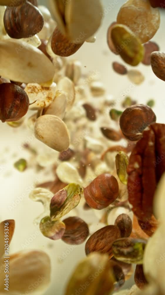 Poster super slow motion of flying nuts mix in rotating movement. filmed on high speed cinema camera, 1000f