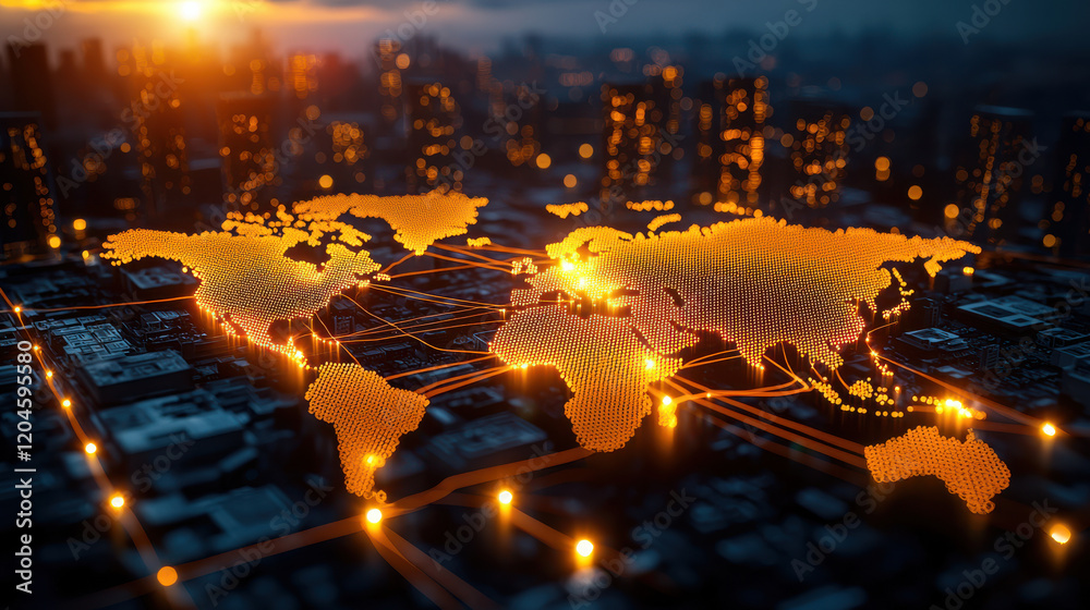 Poster digital world map illuminated with glowing trade routes, showcasing global connections and urban lan