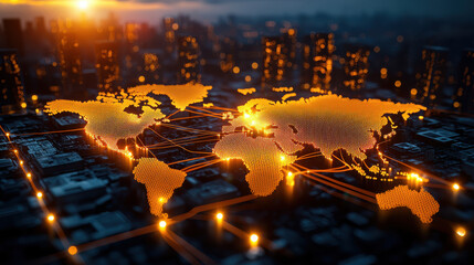 digital world map illuminated with glowing trade routes, showcasing global connections and urban landscapes at sunset