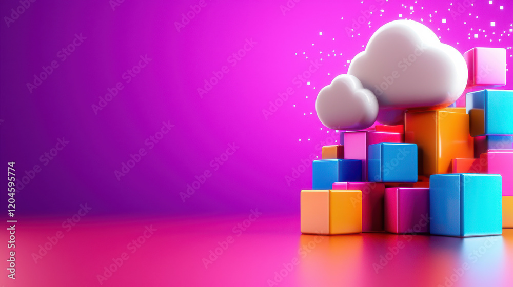 Poster colorful arrangement of blocks with cloud symbolizing cloud computing, set against vibrant purple ba