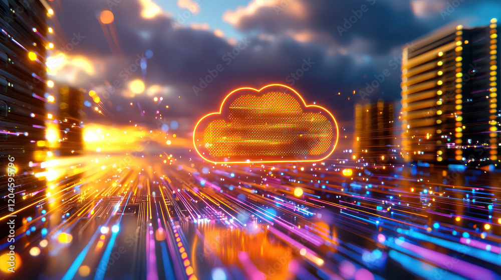 Poster vibrant representation of cloud computing with glowing data streams and cloud icon, symbolizing digital connectivity and technology advancement