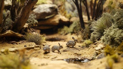 Three Rabbits in a Miniature Desert Oasis