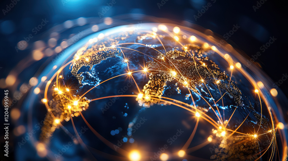 Poster high resolution image of global network, showcasing interconnected cities with glowing lines representing data flow. This visual emphasizes concept of global supply chain management