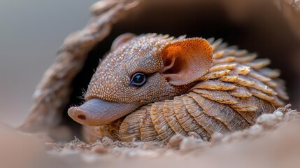 Obraz premium Cute armadillo peeking from burrow, wildlife, nature. Use nature documentary