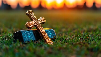 Solitude in the Cemetery: A Cross-Engraved Grave Marker Standing in Quiet Remembrance
