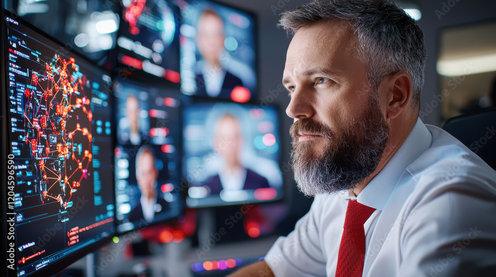 Leinwandbilder focused man analyzes data on multiple screens in modern office. environment showcases advanced techn