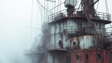 A battle-scarred battleship rises out of the mist, its cannons aimed at the distant, unexplored territory.