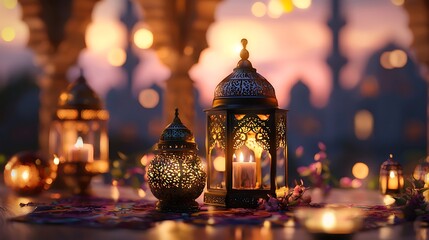 Modern bohemian Ramadan Mubarak greeting card, banner with retro boho design, moon, mosque dome and lanterns Modern bohemian Ramadan Mubarak greeting card, banner with retro boho design, moon, mosque 