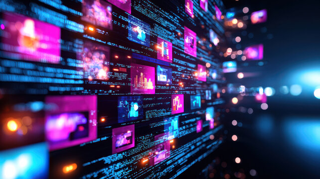 vibrant digital display showcasing various multimedia screens, representing virtual business meeting environment with dynamic visuals and data streams