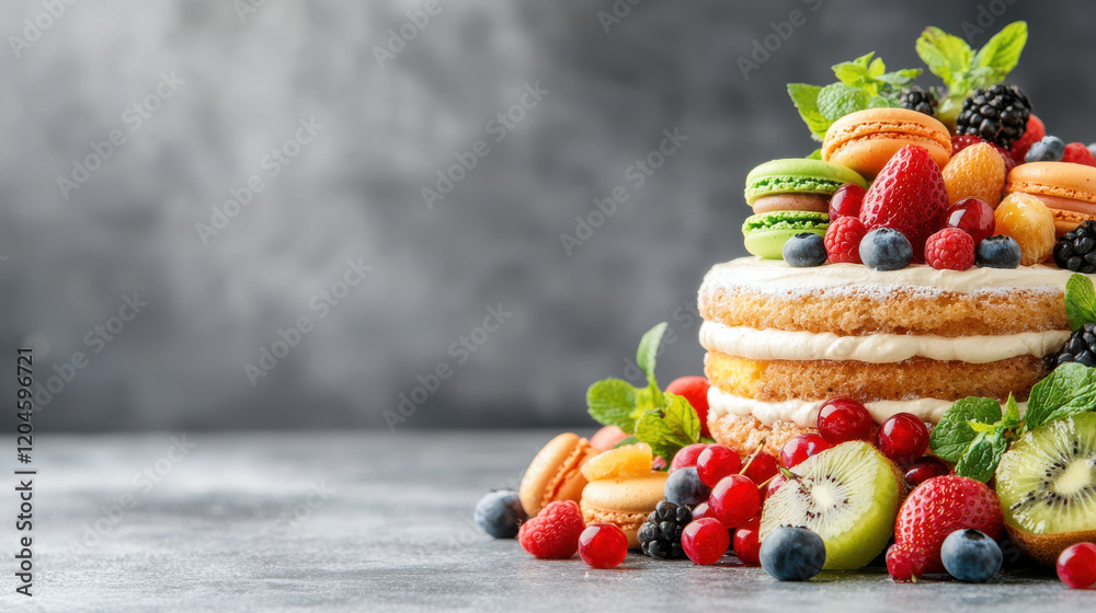 Poster colorful dessert table featuring layered cake topped with fresh fruits, macarons, and mint leaves, c