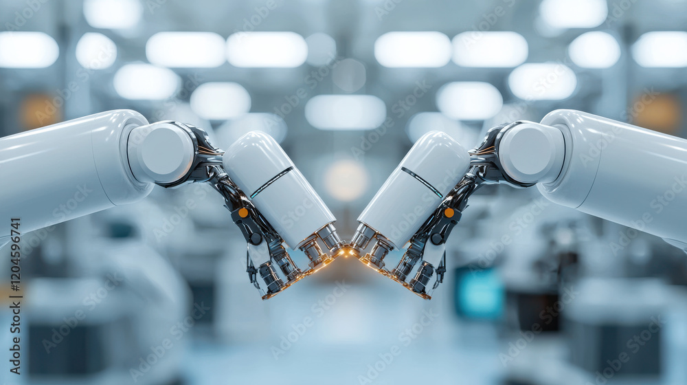 Poster Robotic arms in high tech industrial setting, showcasing advanced automation and precision. scene highlights synergy between technology and manufacturing