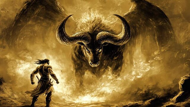 Brave warrior confronts a mythical minotaur in a fiery landscape under a dramatic sky