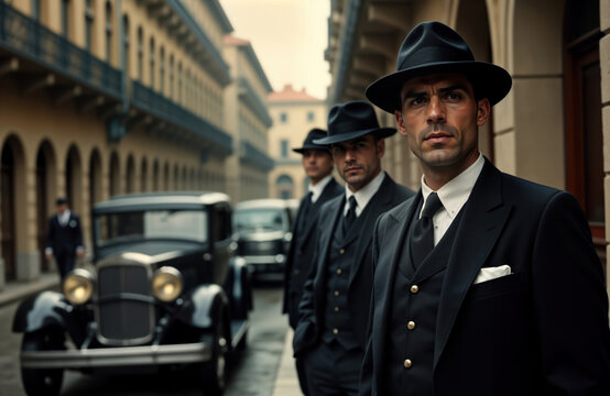 Fototapeta Italian gangsters in 1930s vintage style stand in city street near classic car. Men wear elegant black suits, hats. Retro fashion, urban background. Stylish mafia boss, men. Classic car parked